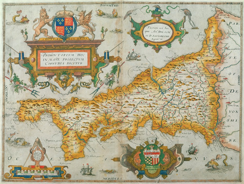 コーンウォール郡の地図、1579年（手描きの彫刻）